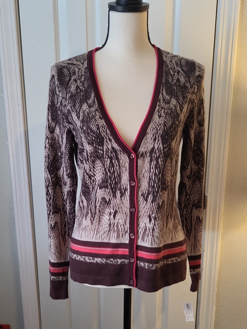 Bianca Brown Snakeskin Patterned V-Neck Cardigan with Pink Trim